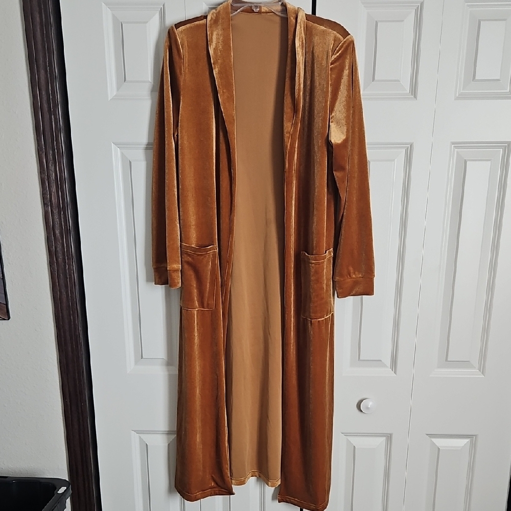 Velvet Longline Duster Coat in Rich Copper